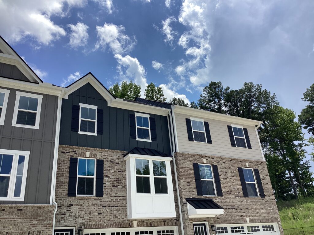 Front view of a house with blue shutters